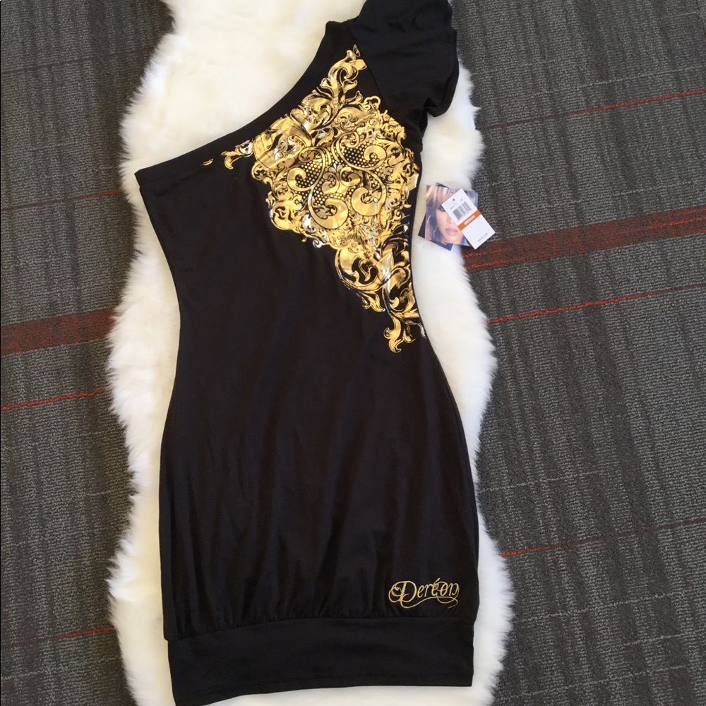 One shoulder black and gold dress